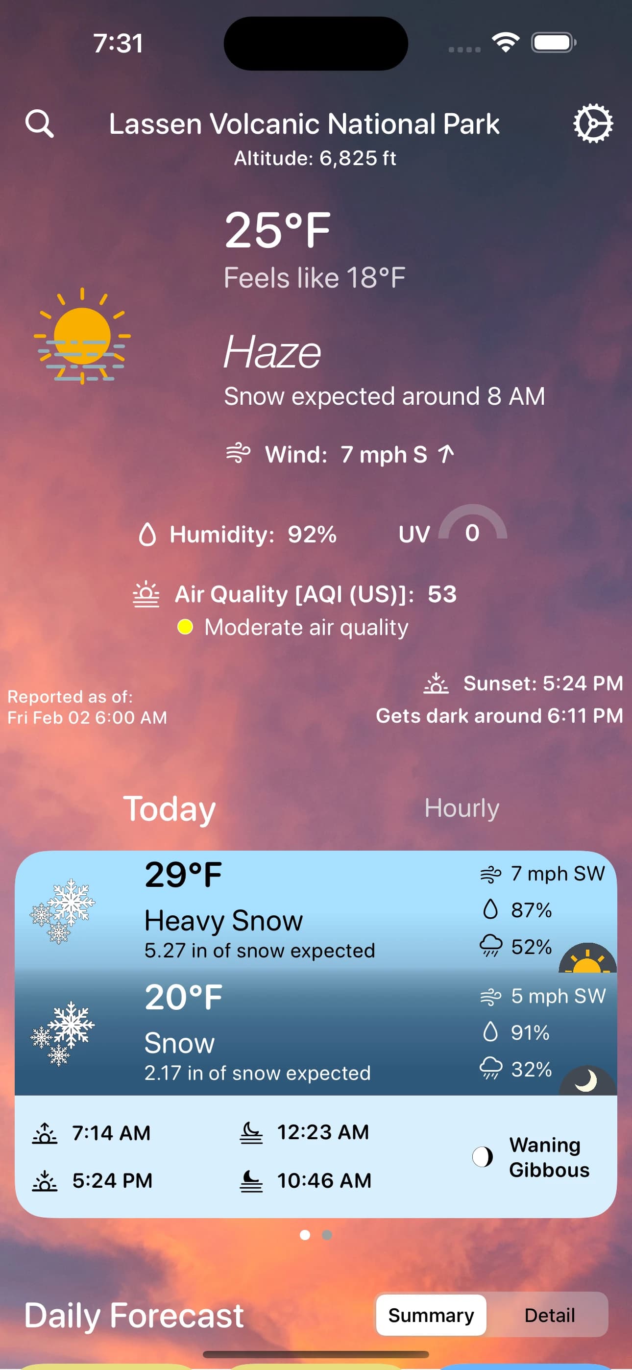 Main page with user-friendly information and dynamic background based on time of the day at the location.