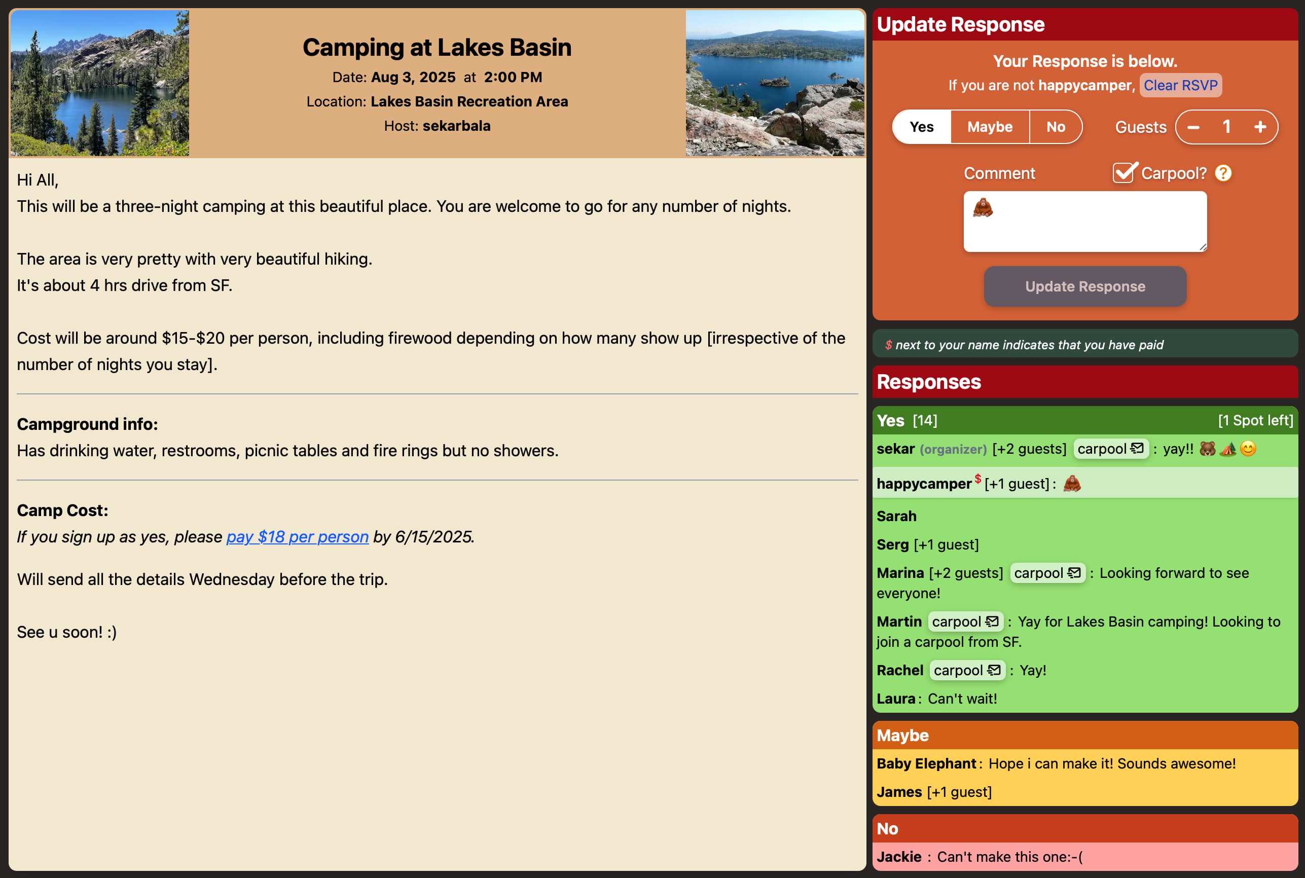 A camping invitation on desktop showing features like RSVP form and conditionally rendered carpool request message buttons.