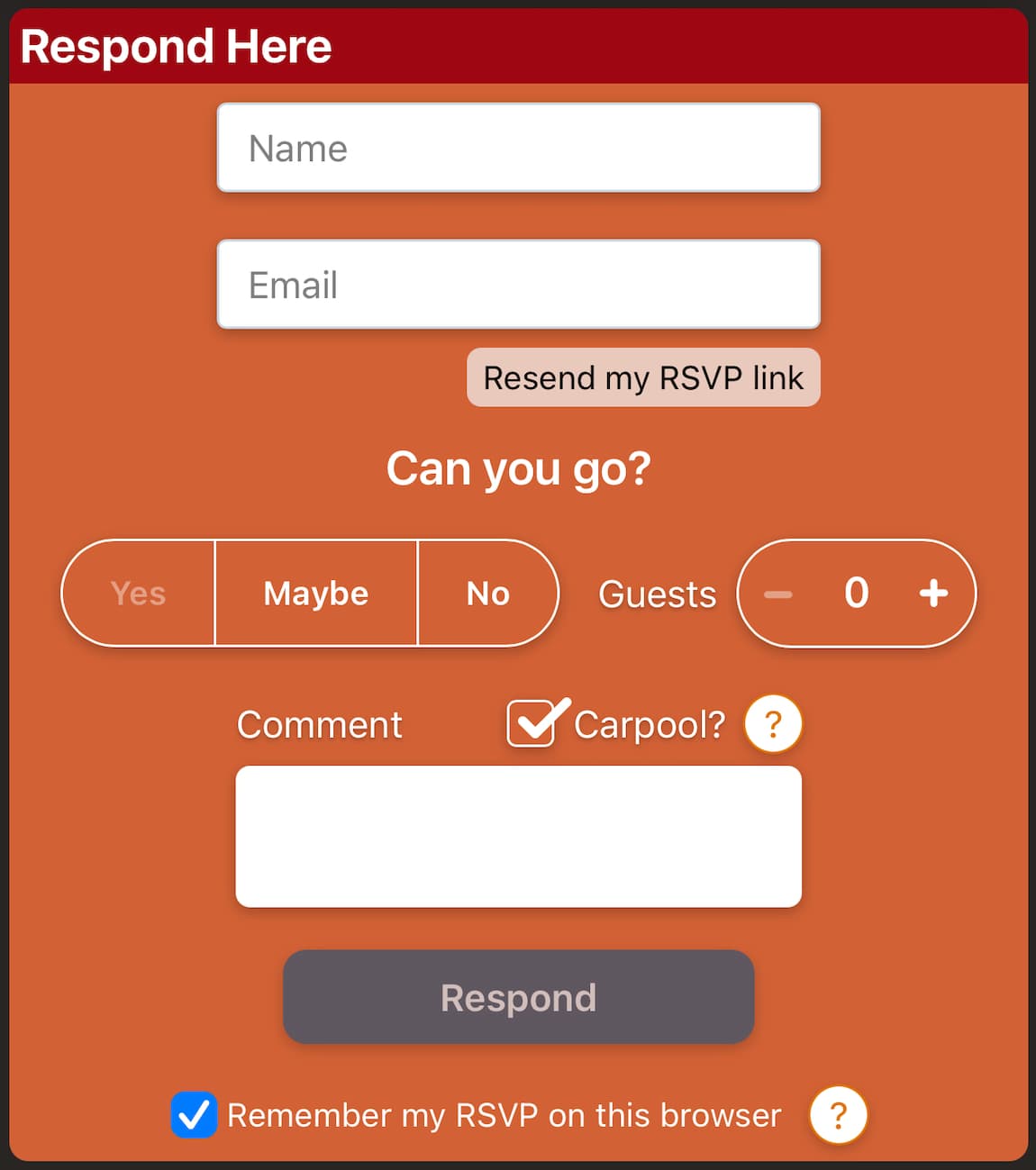 RSVP form. A client-component. Submits through server action. Uses Zod for validation.