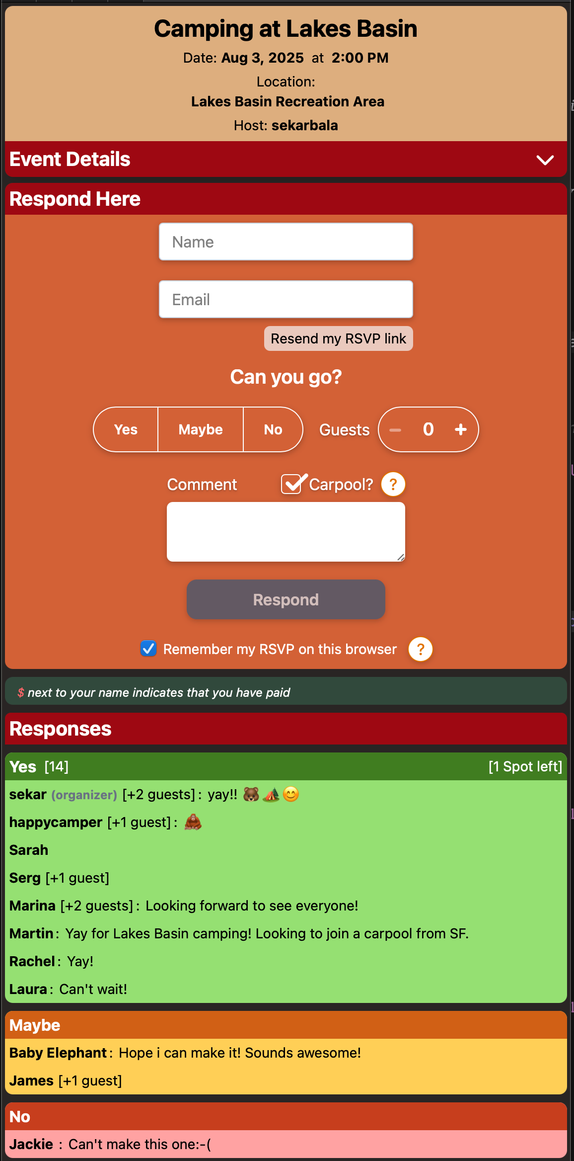 Same invitation on a mobile screen. The detail section is collapsed by default to show the RSVP form and RSVP list as priority.