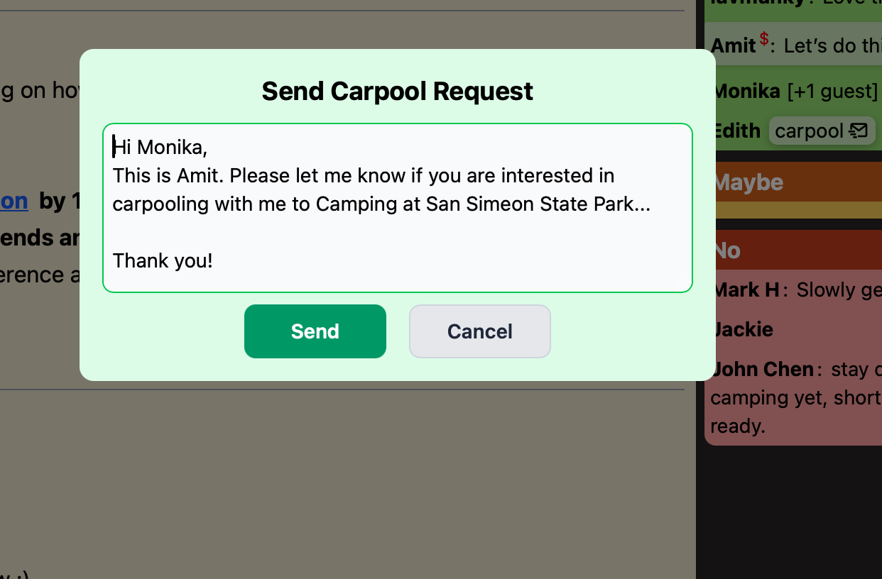 Carpool request message modal with pre-filled form. From and To emails are not revealed on the client-side. Emails are retrieved on server after form submit for security.